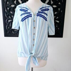 Easel Blue Striped Short Sleeve Button Down Cotton Top Size Large